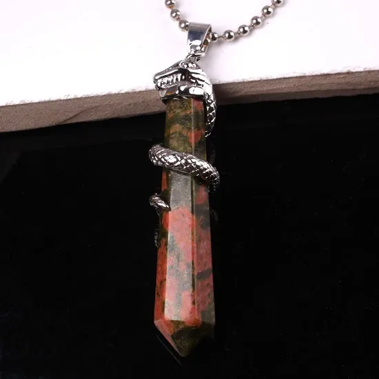 Natural Gnergy Gemstone~ Silver Plated Amethysts Rose Pink Quartz Opalite Opal Stone Hexagon Prism Wrapped Snake Pendant Charm Jewelry 8 AA00201010304a