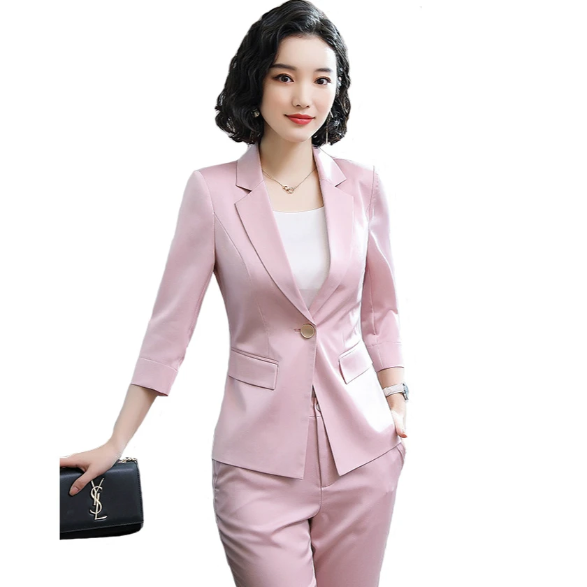 

Women Suit 3/4 Sleeve Single Button Slim Pink Blazers Spring Summer Ladies Fashion Elegant Casual Work Outwear Pants Suits