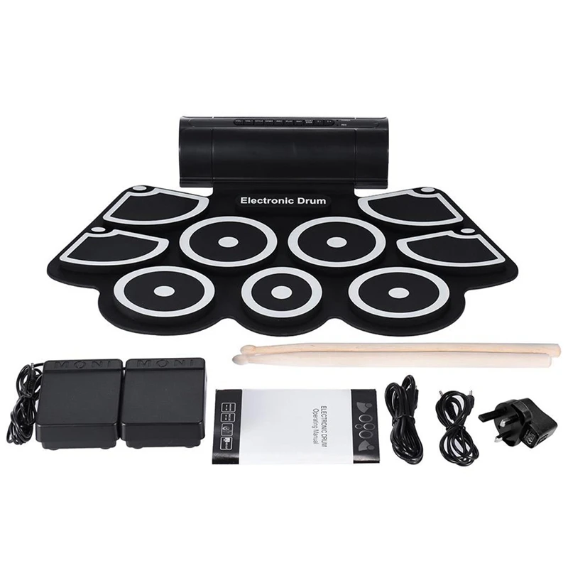 

Portable Electronic Roll Up Drum Pad Set 9 Silicon Pads Built-In Speakers With Drumsticks Foot Pedals Usb 3.5Mm Audio Cable Uk