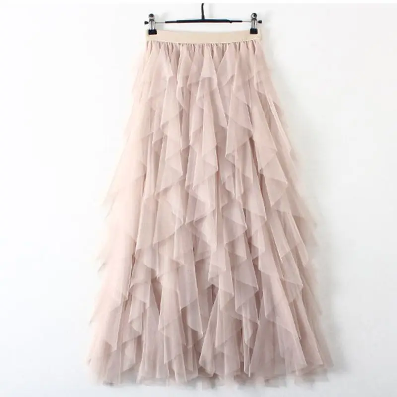 Женская многослойная сетчатая балетная юбка с высокой талией, вечерние тюлевые трапециевидные юбки средней длины, пышная Асимметричная Женская длинная юбка-пачка с оборками - Цвет: Бежевый