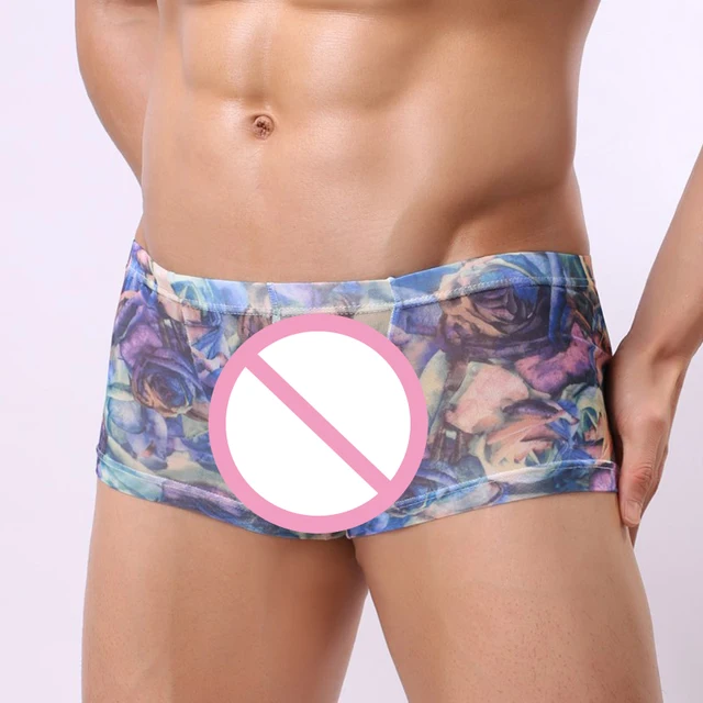 New Mens sexy underwear Mens fashion Rose &rainbow print gauze breathable Low-waisted U convex Boxers shorts Male underpants -
