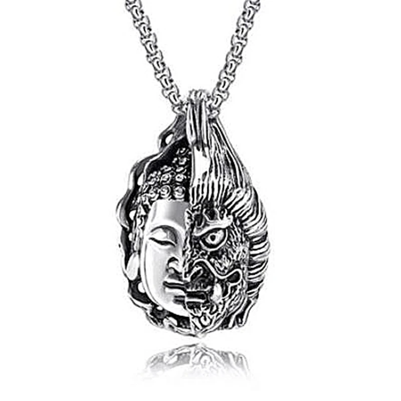 

Half Buddha And Evil Pendant Necklace Men Hip Pop Necklace Buddha and Evil Exist in a mere Instant Religious Jewelry