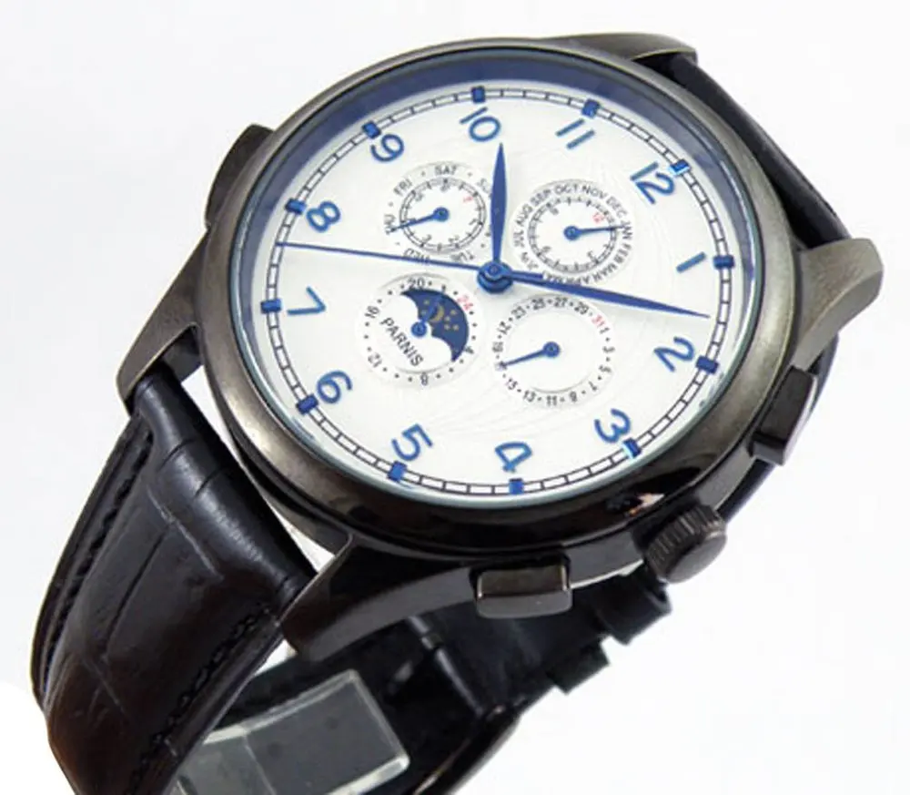 Parnis White Globe Dial Blue Sapphire Number Black Case Moon Phase Automatic Mens Womens Watches | Наручные часы