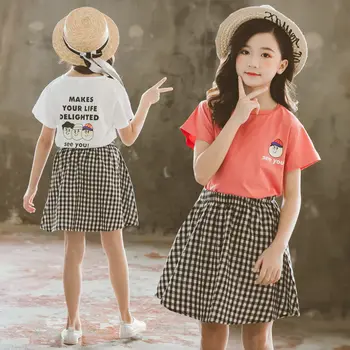 

New 2PCS Kids Girl Clothes Set Summer Short Sleeve Cartoon T-shirt Tops + Plaid Skirt Outfit Child Suit For Teenagers 4-12 Year