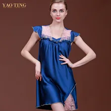 Women’s Summer Lace Homewear Nightdress Pink Nightgown Sexy Imitation Silk Sleepshirt Sleeveless Mini Short Silky Blue Sleepwear