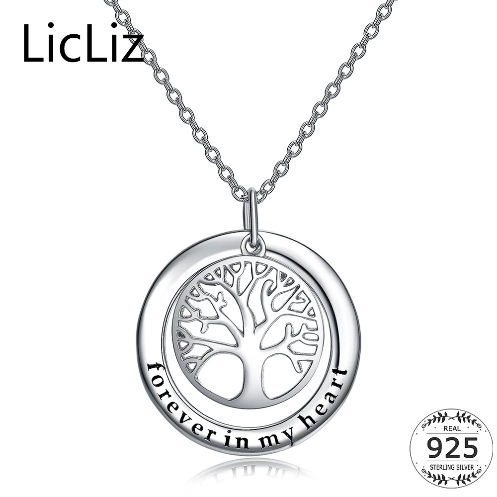 

LicLiz 925 Sterling Silver Tree Of Life Necklace Women Big Circle Round Necklace Pendant Charm Initial Letter Collars LN0217