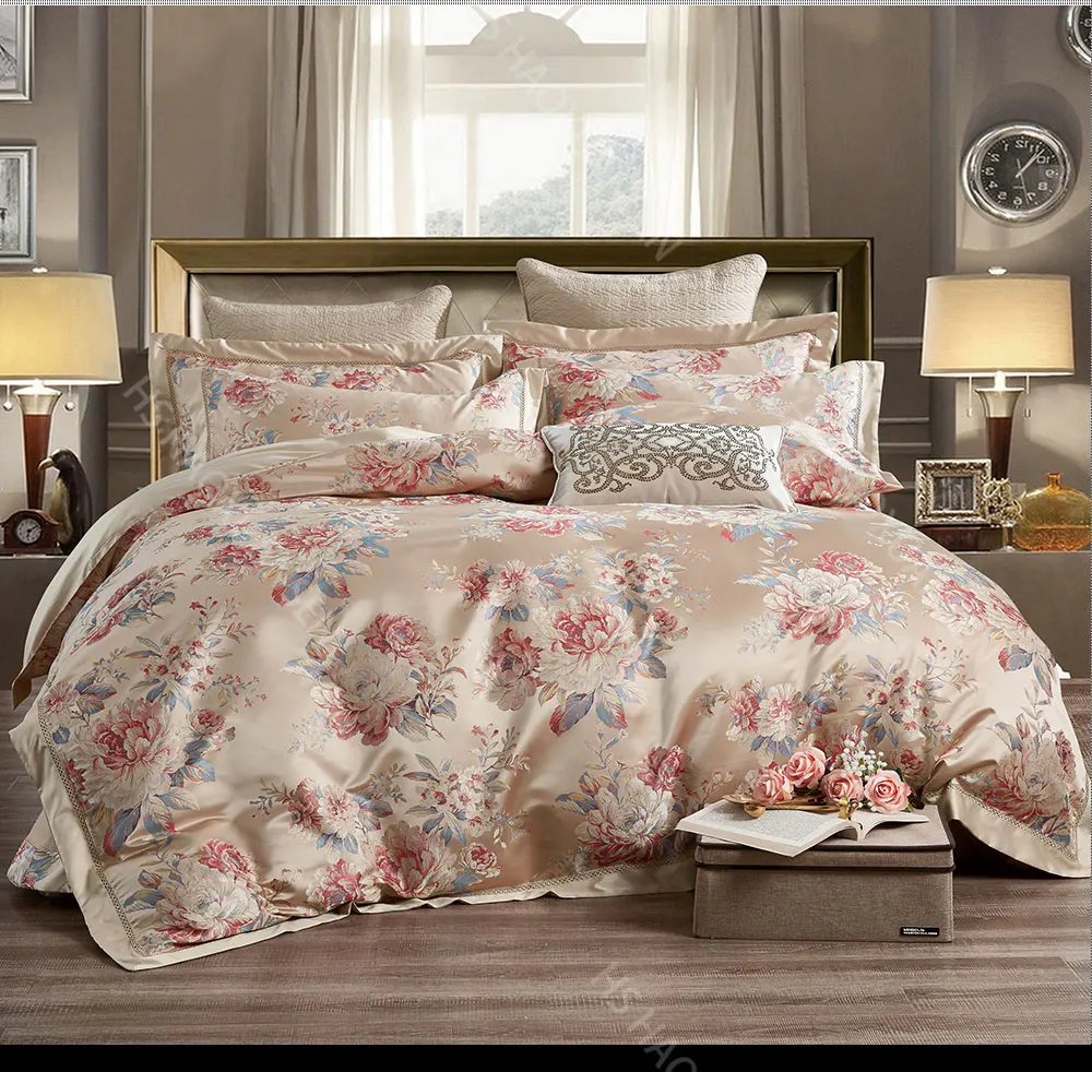 Pastoral Style Peony Pattern Queen King Size Beige Jacquard
