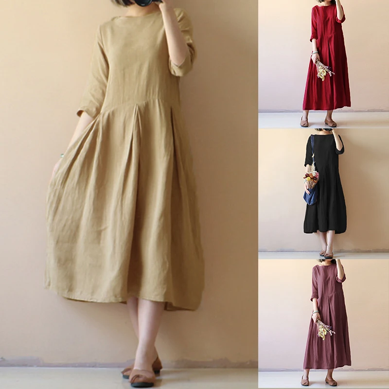 

Celmia Women Summer Vintage Casual Dress 2019 Summer Autumn Half Sleeve Solid Loose Pleated Dress Kaftan Long Vestidos Plus Size