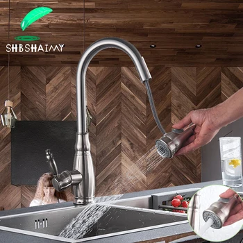 

SHBSHAIMY Brushed Nickel Pull out Kitchen sink faucet Two Outlet Water Modes Special Design Single Handle Cold Hot Mixer Tap