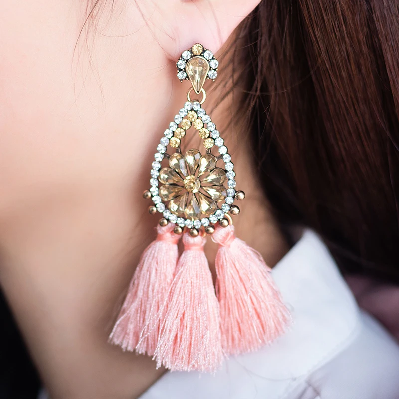 X&P Vintage Geometric Cubic Zirconia Long Tassel Drop Earrings for Women Decorations Fashion Bohemian Ethnic Color Big Earring