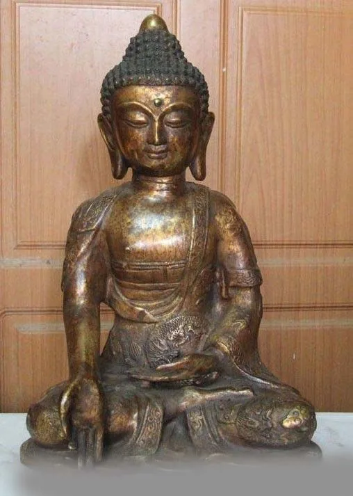 

15" Tibet Copper Bronze Temple Dragon Sakyamuni Tathagata Amitabha Buddha Statue