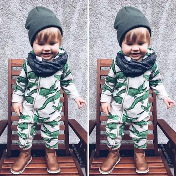 

2018 Autumn Newborn Infant Baby Cartoon Crocodile Print Boy Long Sleeve Zipper Romper Jumpsuit Casual Clothes Outfits