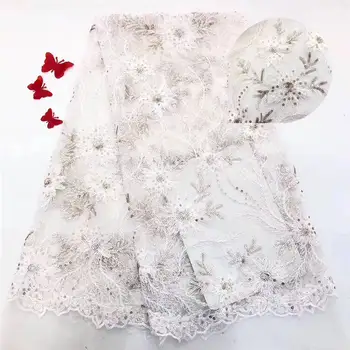 

Nigerian Lace Fabric 2019 High Quality African Tulle Lace Fabric With 3D Sequins French Net Lace For Wedding Dress New White