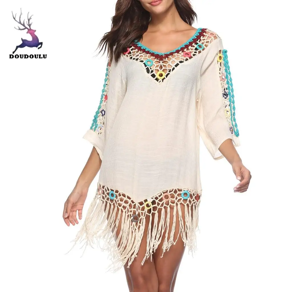 DOUDOULU 2018 Sexy Tassel Crochet Beach Cover Up Open Summer Beach