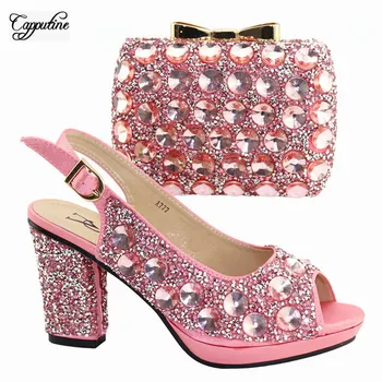 

High class pink high heel sandal shoes and purse bag set with luxury stones for evening A777, heel height 9.3cm