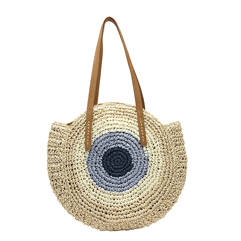 

2019 New Peacock's Eye Straw Women Shoulder Bag Circle Handmade Contrast Color Large Handbag Beach Bag Over Shoulder Tote Bag