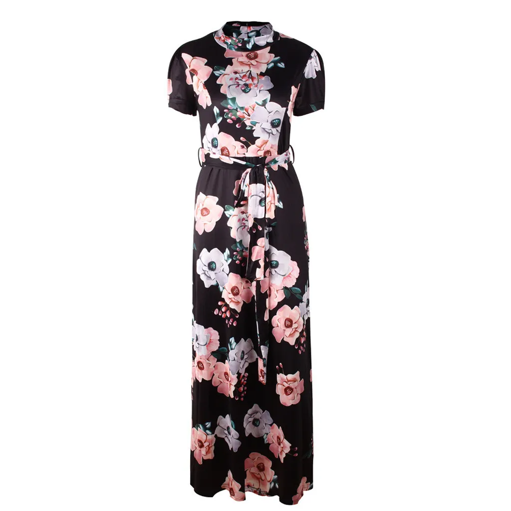 Свободное повседневное женское платье с коротким рукавом и цветочным принтом, вечернее платье макси, летняя свободная пляжная одежда - Цвет: BK
