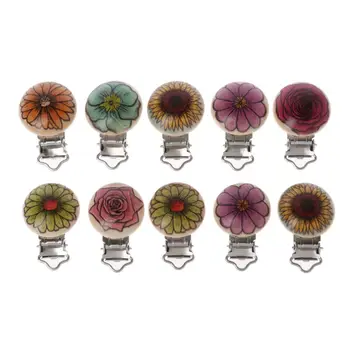 

5Pcs Metal Wooden Baby Pacifier Clips Holders Round Flower Pattern Nipple Clasps For Baby