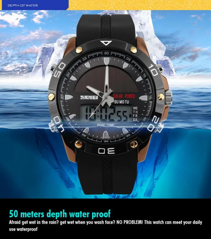 Watches Men Waterproof Solar Power Sports Casual Watch Man Men's Wristwatches 2 Time Zone Digital Quartz LED Clock Men
