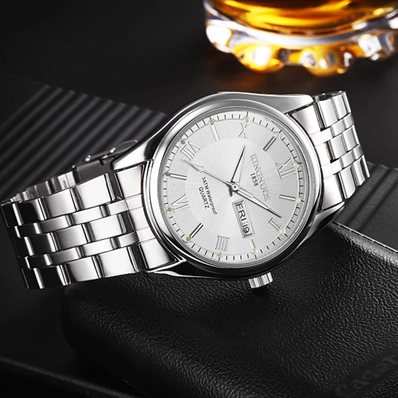 KINGNUOS Black Stainless Steel Men's Watches Analog Date Waterproof Quartz Business Watch Modern Male Female Casual Timepiece (4)