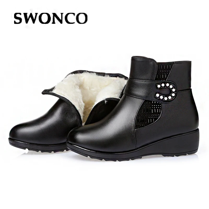 

SWONCO Winter Shoes Women Wool Fur Snow Boots For Women Platform Sneaker Winter 2019 Genuine Leather Boots Women Fur Shoes Woman