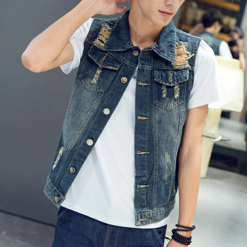 Male denim vest 2017 spring summer rippedcasual vest slim vest denim