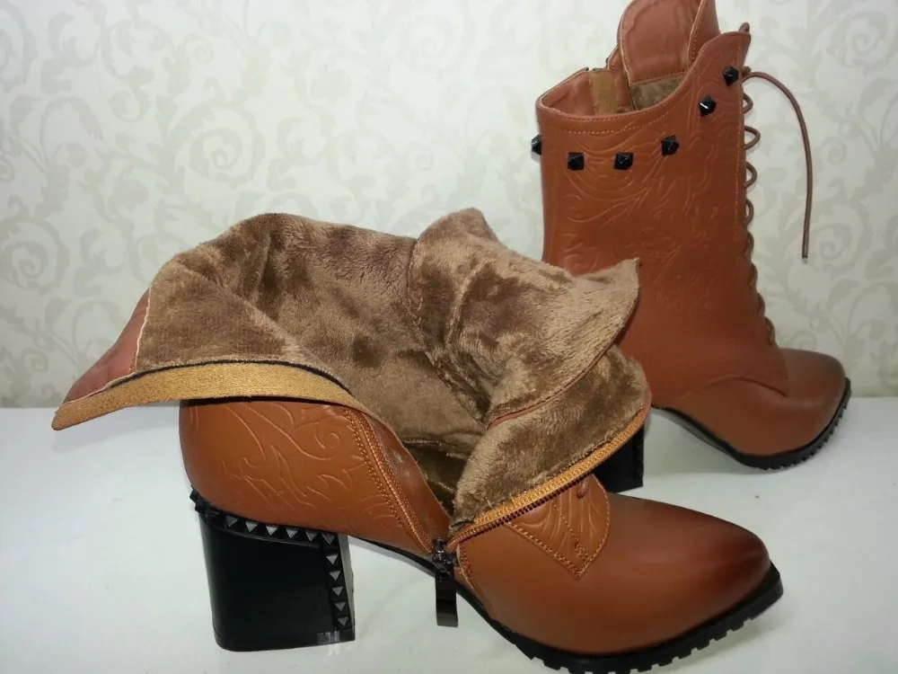 Kickway/женские ботильоны; женские ботинки; большие размеры 34-43; botas mujer invierno; коллекция года; на шнуровке; с острым носком; из натуральной кожи; на среднем каблуке