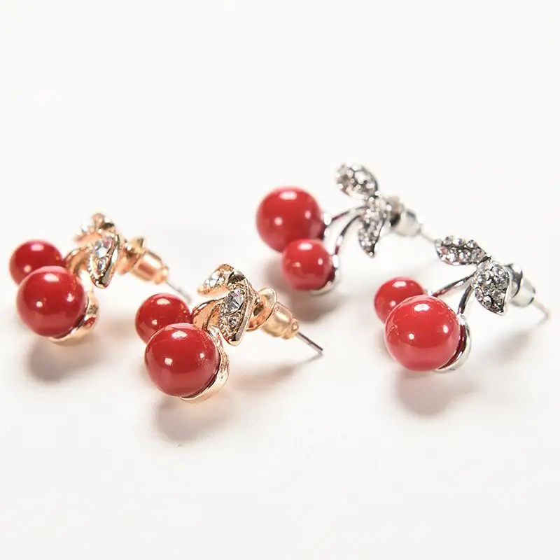 

Rhinestone Leaf Bead Stud Earrings Red cherry earrings Passion Woman Fashion Jewelry Women Jewelry Accessories 1 Pair