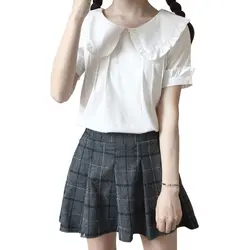 Корейский сладкий Лолита блузки для малышек рубашка короткий рукав милый Питер Пэн воротник белая блузка с рюшами Топ женский