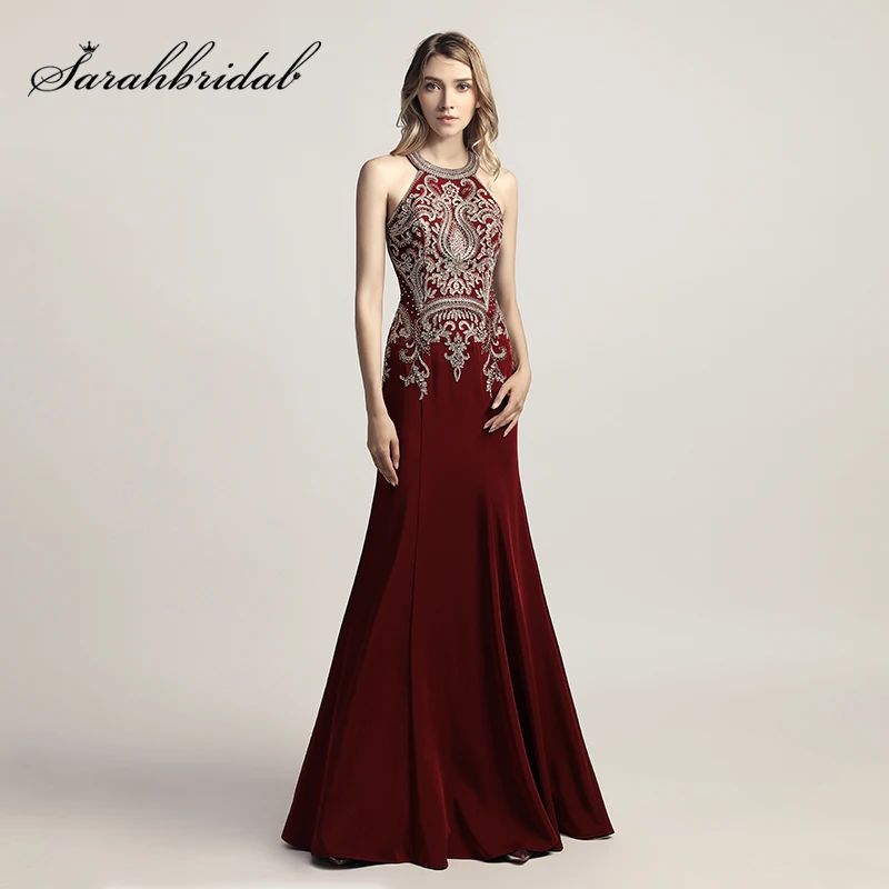 Hot Sale Burgundy Long Formal Evening Dresses New Arrival Satin Beaded Appliques Halter Neck Cheap Mermaid