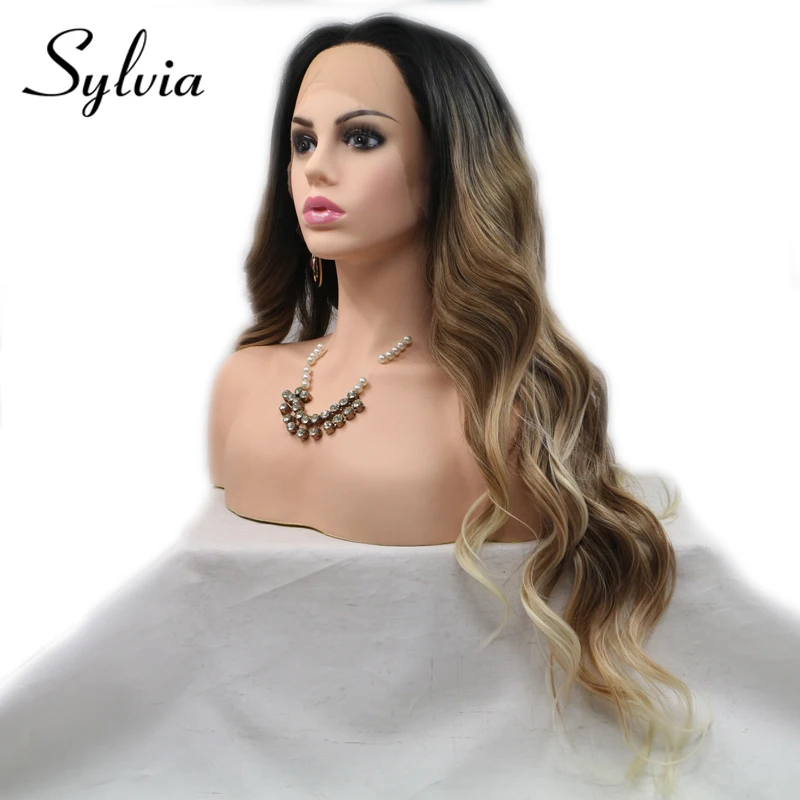 Sylvia коричневый Омбре синтетические парики на шнуровке спереди объемная волна средняя часть длинные термостойкие волокна волос для женщин
