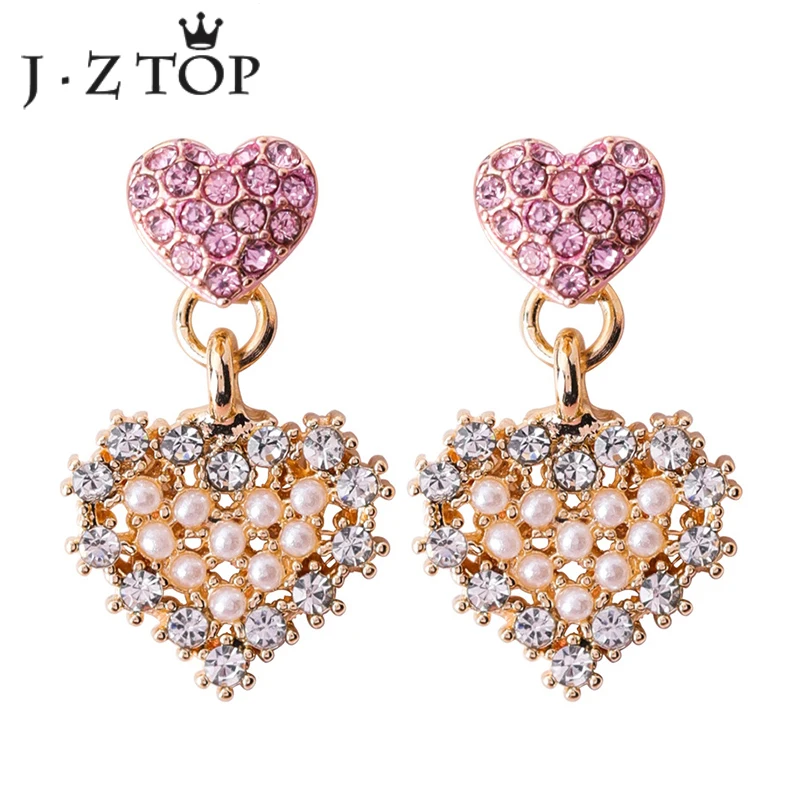 

JZTOP Cute Heart Stud Earrings Crystal Imitation Pearl After Hanging Long Earrings Women Fashion Luxury Jewelry Boucle D'oreille