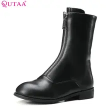 Qutaa/2018 г. женские сапоги до середины икры из PU искусственной кожи на квадратном mis каблук молнии круглый носок универсальные модные женские мотоциклетные сапоги Размеры 33-43