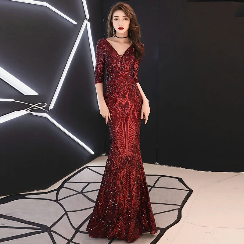 

Red Sequined Lace Up V Neck Half Sleeve Backless Mermaid Sexy Club Dreses Elegant Luxury Long Dress For Wedding Party For Woman