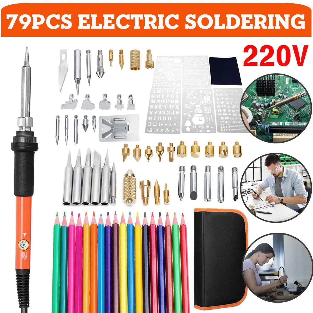 

60W 220V EU plug 79pcs Wood Burning Pen & Assorted Tips Set Painting Electric Engraving Soldering Iron