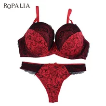 ROPALIA пикантные Для женщин кружева вышитые Мягкие Нижнее белье Бюстгальтер с эффектом пуш ап наборы бюстгальтер на косточках комплект нижнего белья размера плюс 34/36/38/40 с чашками D E
