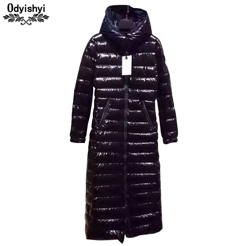 

2019 Winter Long Coat Female Warm Parka Fashion Women's Down Jacket Warm Winter Jacket Bright Hooded Women Coats Tops 90% HS594