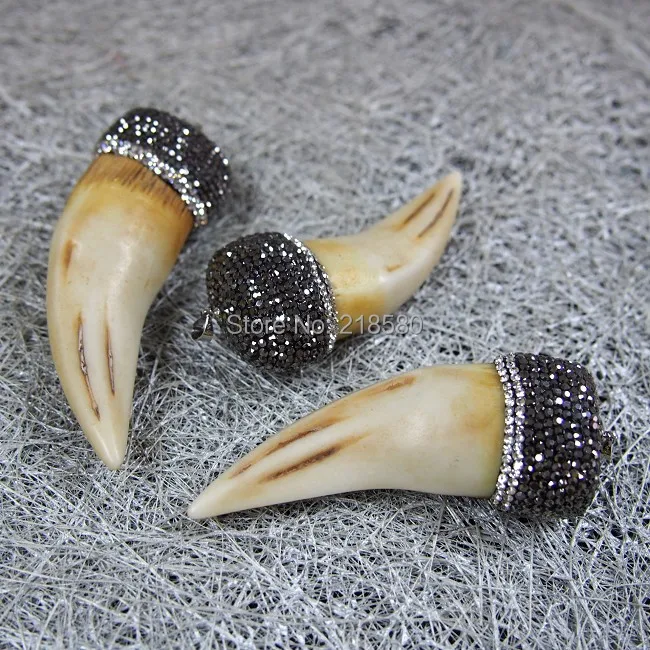 

MU150814472 Pave CZ Buffalo Horn Bone Pendant with Clear and Gun black Toned Rhinestone Pave Cap