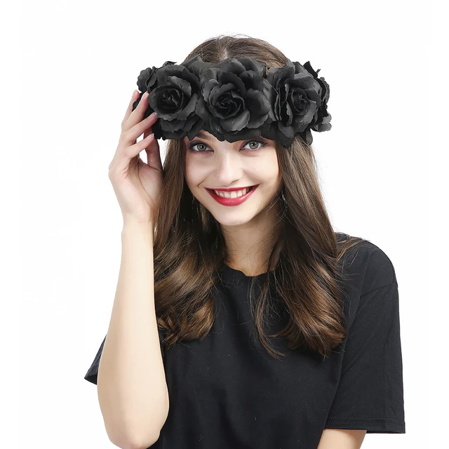 mystic black floral headbands huge rose flower crown headwear women