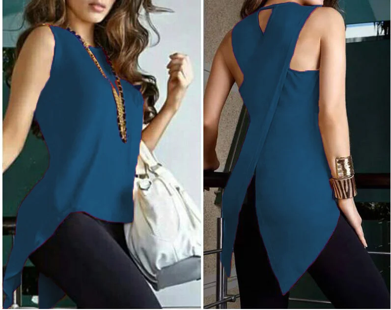 Summer Yellow Blouses Sleeveless Ladies Top Cross Irregular O-Neck Woman Blouse Female Shirt Tops Tank 3XL 2019 OL Elegant Wear