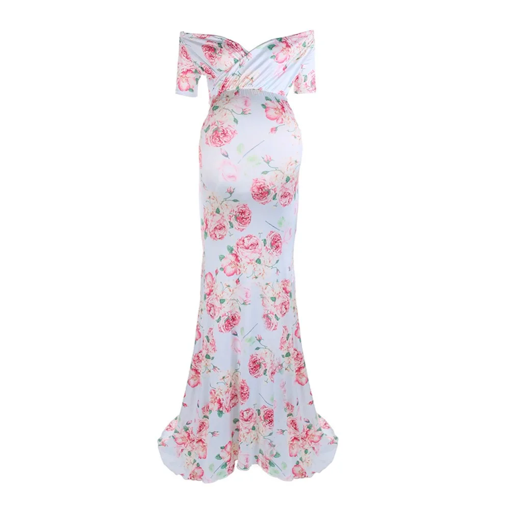 

Women Floral Print Maternity Off Shoulder Dresses Photography Props Elastic Pregnancy Clothes Maxi Maternity Dress