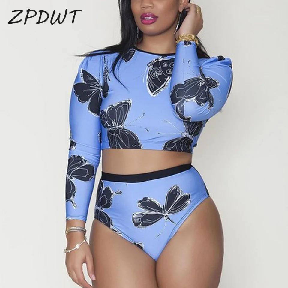 

ZPDWT Sexy Butterfly Bathing Suit Women Long Sleeve Two Piece Swimsuit Plus Size Surfing Swimwear Blue Swimming Suit for Women