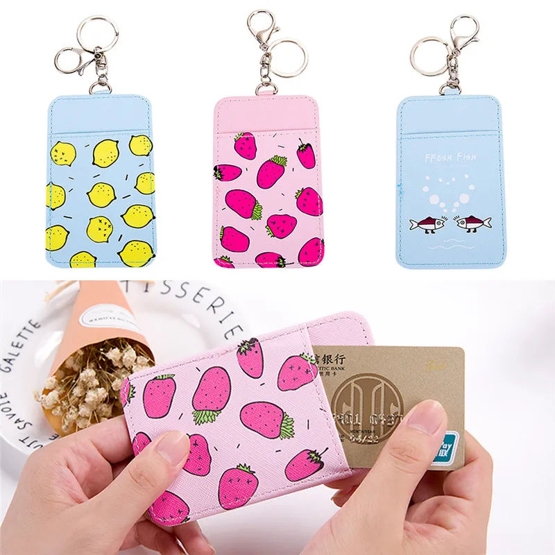 Students Girl ID Bank Credit Card Holder Pocket Cute Fruit PU Bus Cards Case With Female Lanyard Key Ring Badge Cover Protector