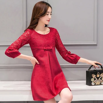 

Lace suede dress female 2018 spring summer new A line Korean Slim O neck short mini lace dresses women red pink vestidos 2xl 3x
