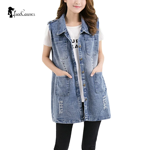 5XL Plus Size Hole Denim Vest Women 2017 New Autumn Casual Pockets Long