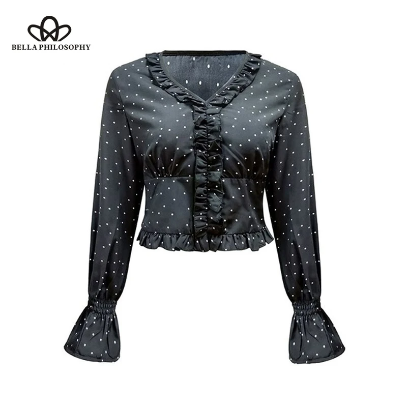 Wonder 2019 new spring Women Shirt Dot Long Sleeve Blouse Vintage Black Short Fashion Slim Spring Print OL Chic Female Tops