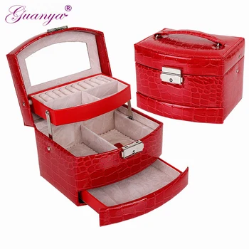 

Guanya PU Leather Jewelry Display Box 3 Layers Ring Necklace etc. Storage Packaging Carrying Case Organizer female Lady Gift