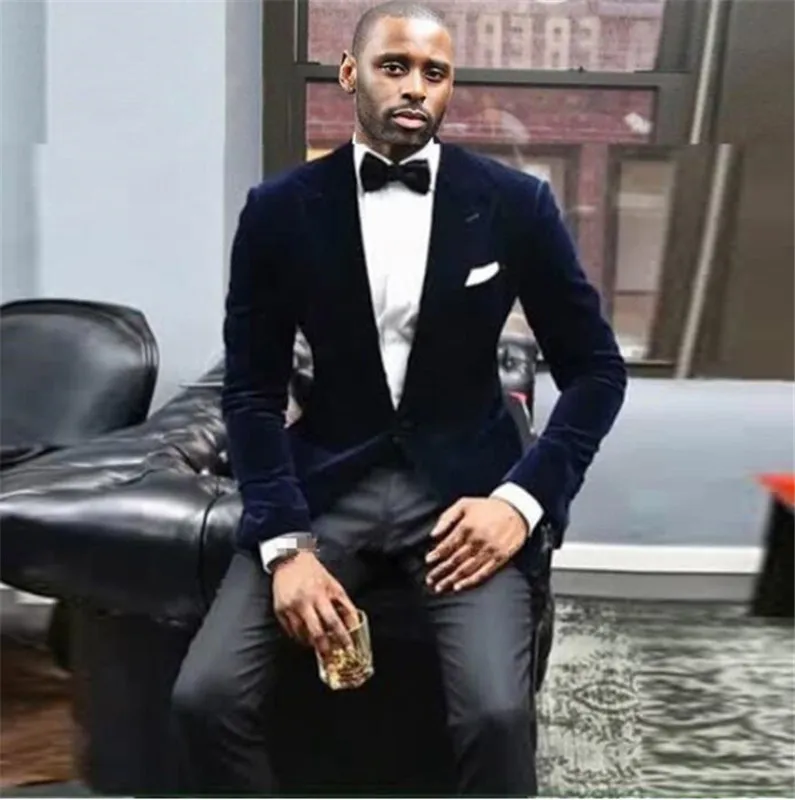 

2Pcs (Jacket + Pants) Navy Blue Groom Tuxedo Dress Custom Made Men Suits Velvet Slim Fit Suit Wedding Suits For Men