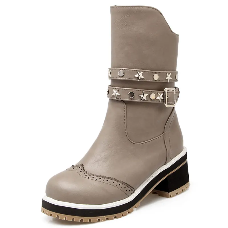 

Size 34-43 Winter Korean minimalist style ankle Boots Square med heel Zip Decorative metal buckle Thick crust Soft leather T1792