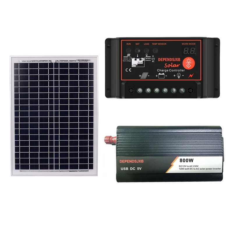 18V20W солнечная панель+ 12V контроллер+ 800W Инвертор Dc12V-Ac230V генерация солнечной энергии комплект, для наружного и домашнего использования - Цвет: 60A